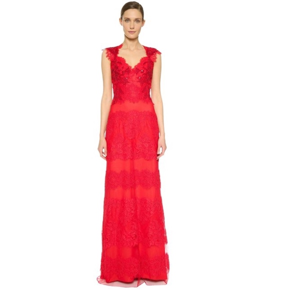 Marchesa Notte Red Scalloped Open Back Gown - nationalbodyline.in